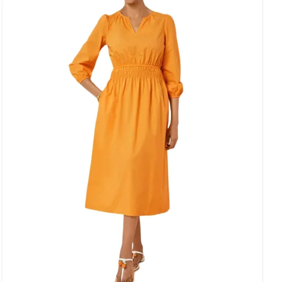 Talbots Smocked Poplin Midi Dress Size 8 Bright Marigold New NWT - Picture 2 of 5